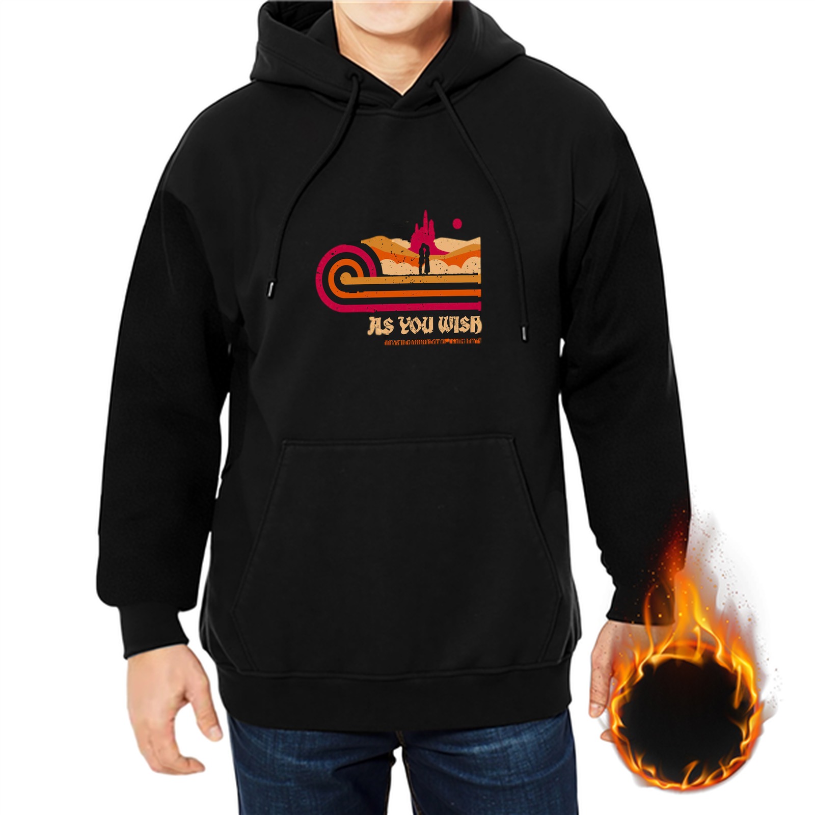 Black hoodie with retro desert landscape and 'As You Wish' graphic