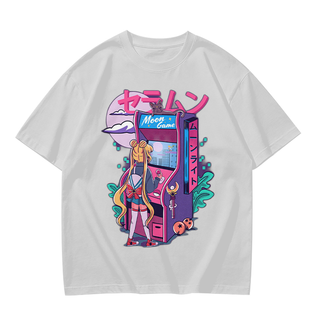 Anime girl playing moon arcade game graphic tee