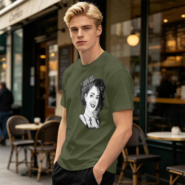 Olive T-Shirt with Black and White Portrait Print