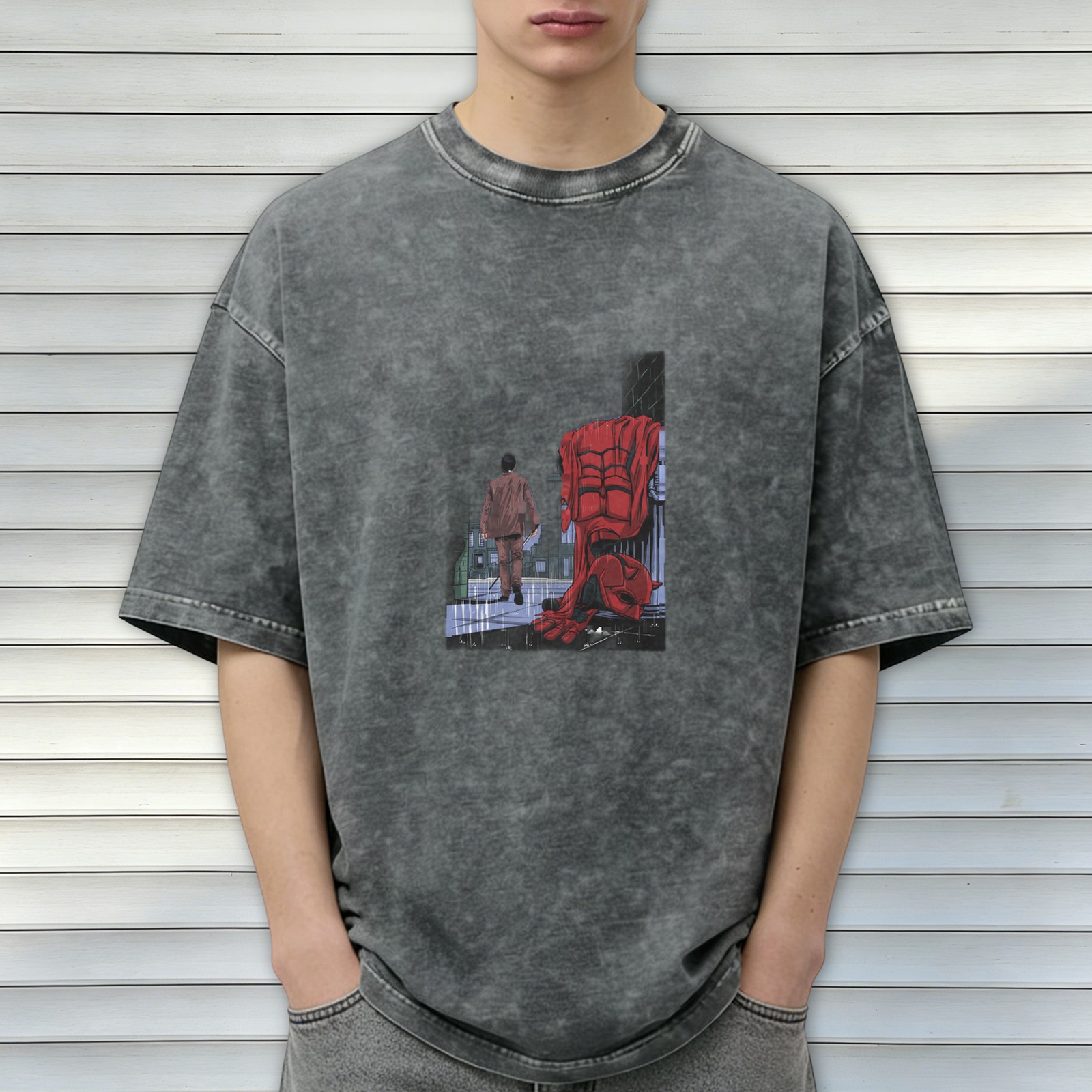 Washed Black Graphic Tee With Superhero And Figure Print