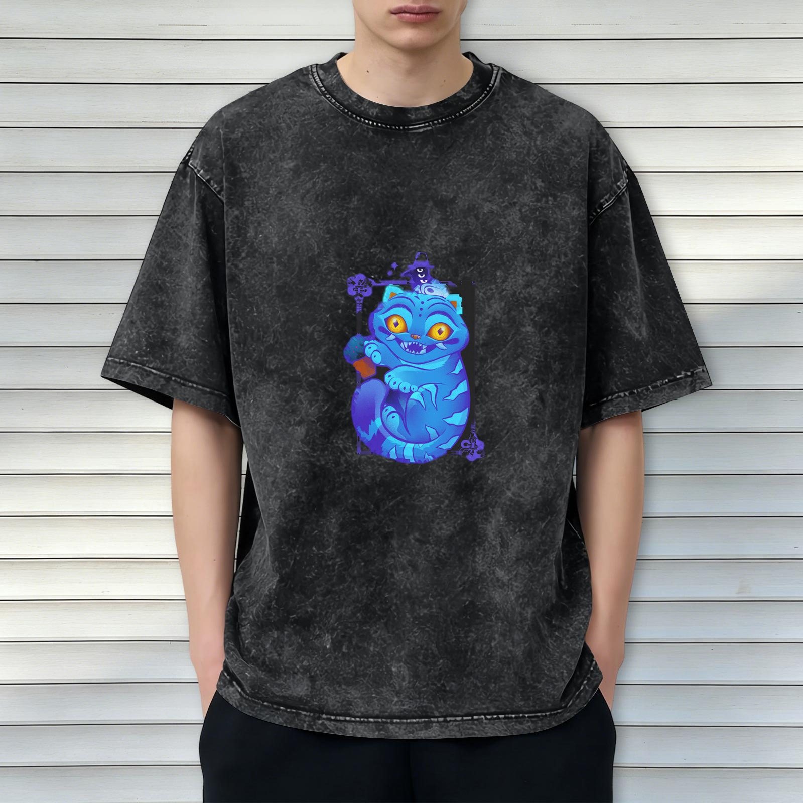 Distressed black loose short-sleeved T-shirt Cheshire cat cartoon print personalized trendy casual top