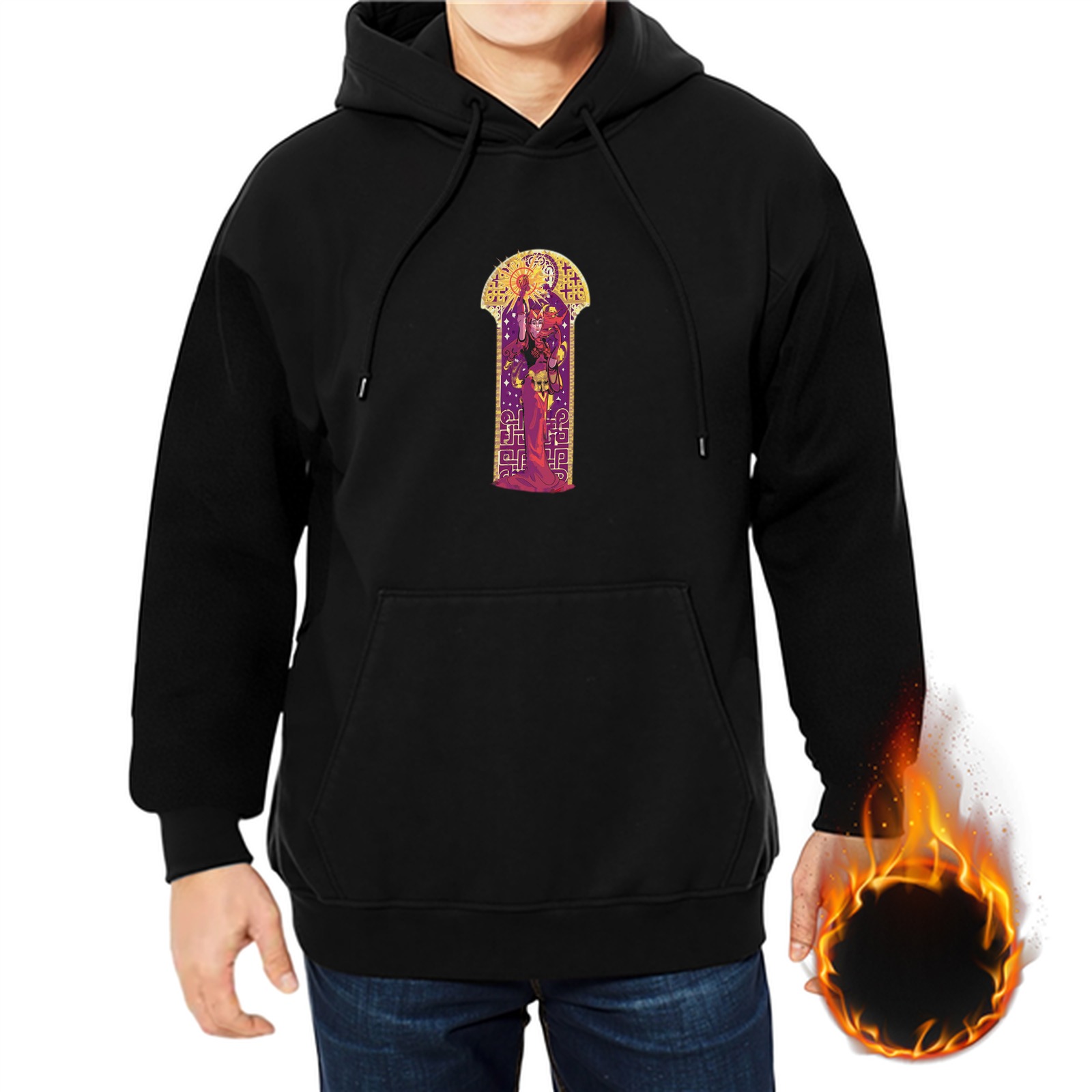 Black Hoodie With Art Nouveau Style Arch Graphic Print