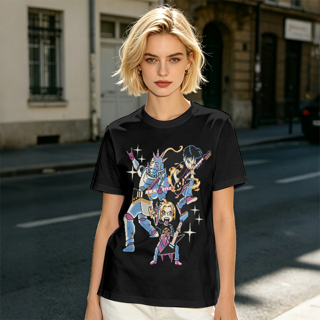 Olive T-shirt with Anime Rock Band Characters Graphic