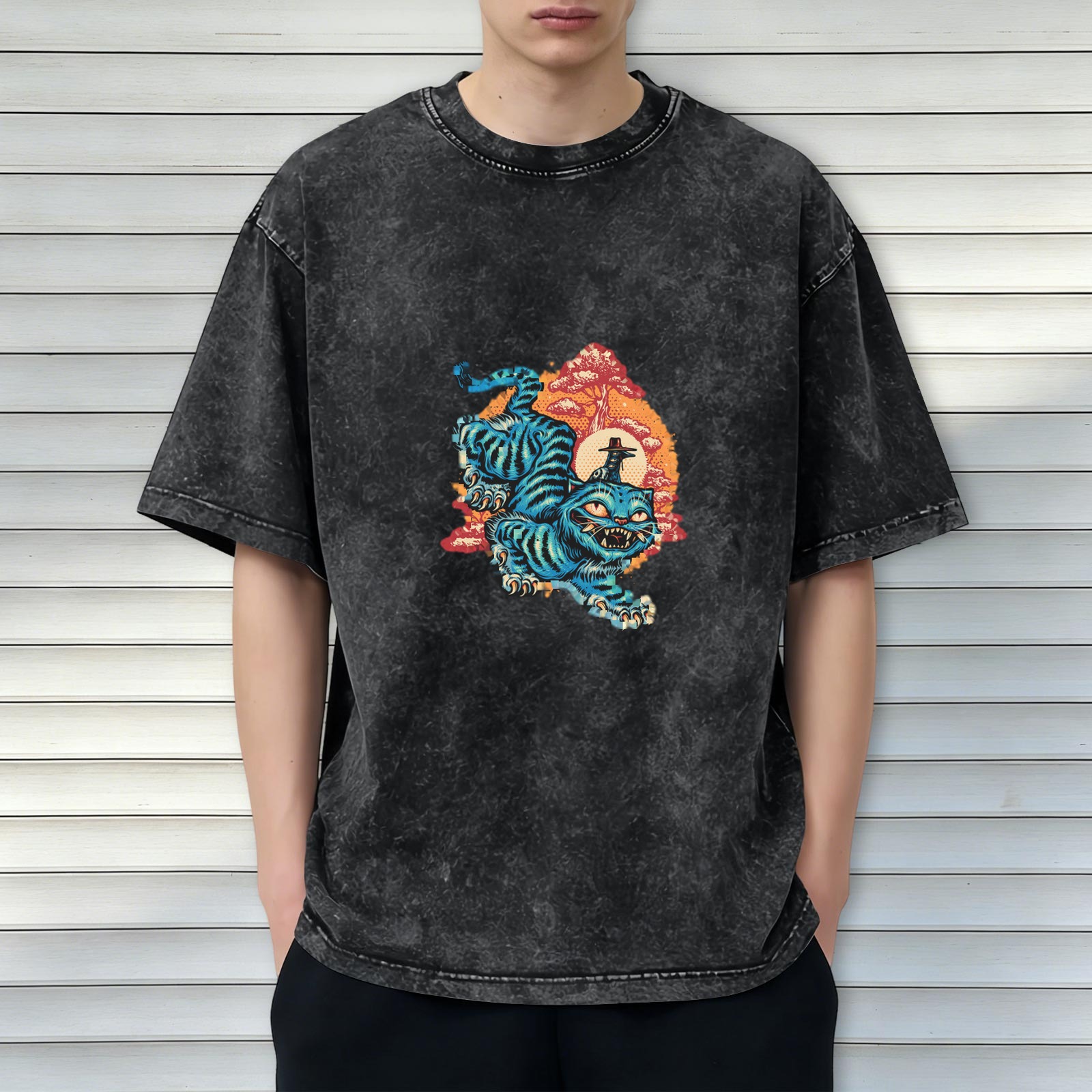 Washed Black T-Shirt With Blue Tiger Japanese Style Graphic