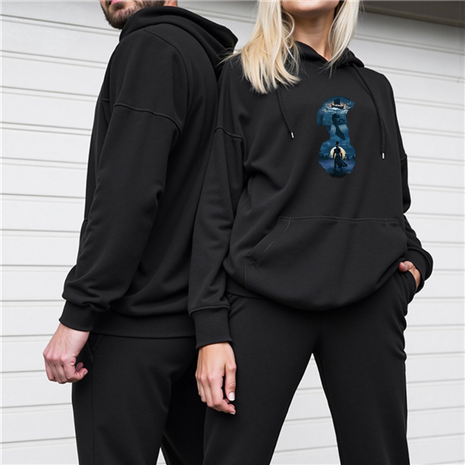 Black Hoodie With Night Scene Silhouette Graphic Print