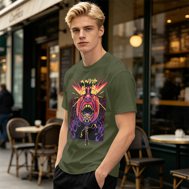 Olive t-shirt with surreal demon and ghost graphic print