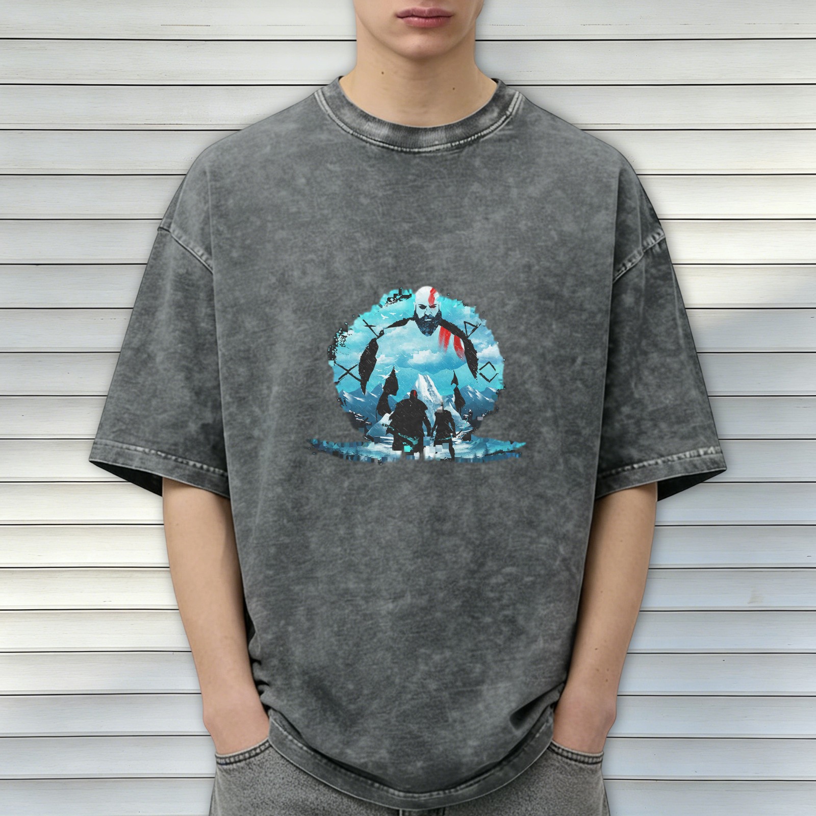 God of War Kratos & Atreus Graphic Print Stone Wash Oversized T-shirt