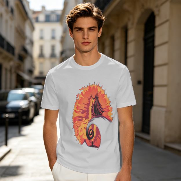 Olive T-Shirt With Fiery Spiral And Silhouette Figure Print