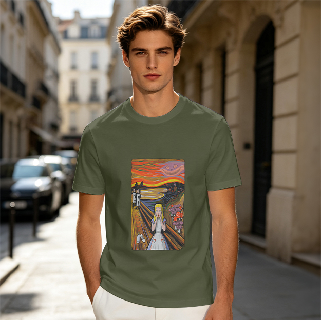 Olive T-Shirt with Alice in The Scream Parody Art Print