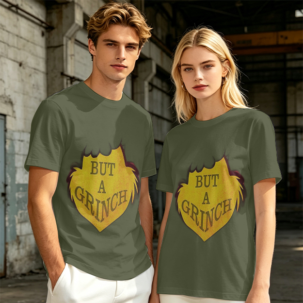 Olive green t-shirt with 'But A Grinch' graphic print