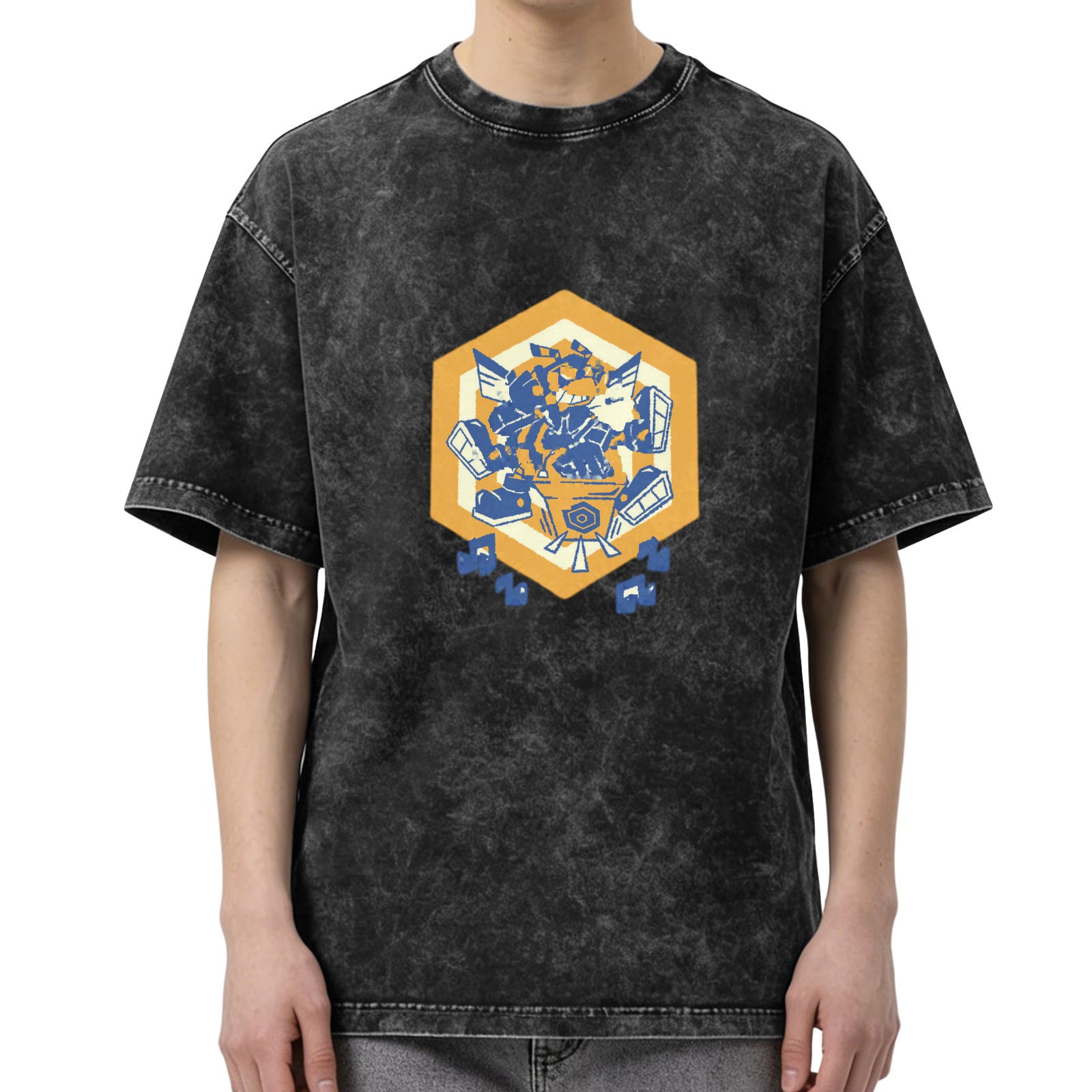 Oversized Acid Wash T-Shirt With Hexagon Robot Graphic Print