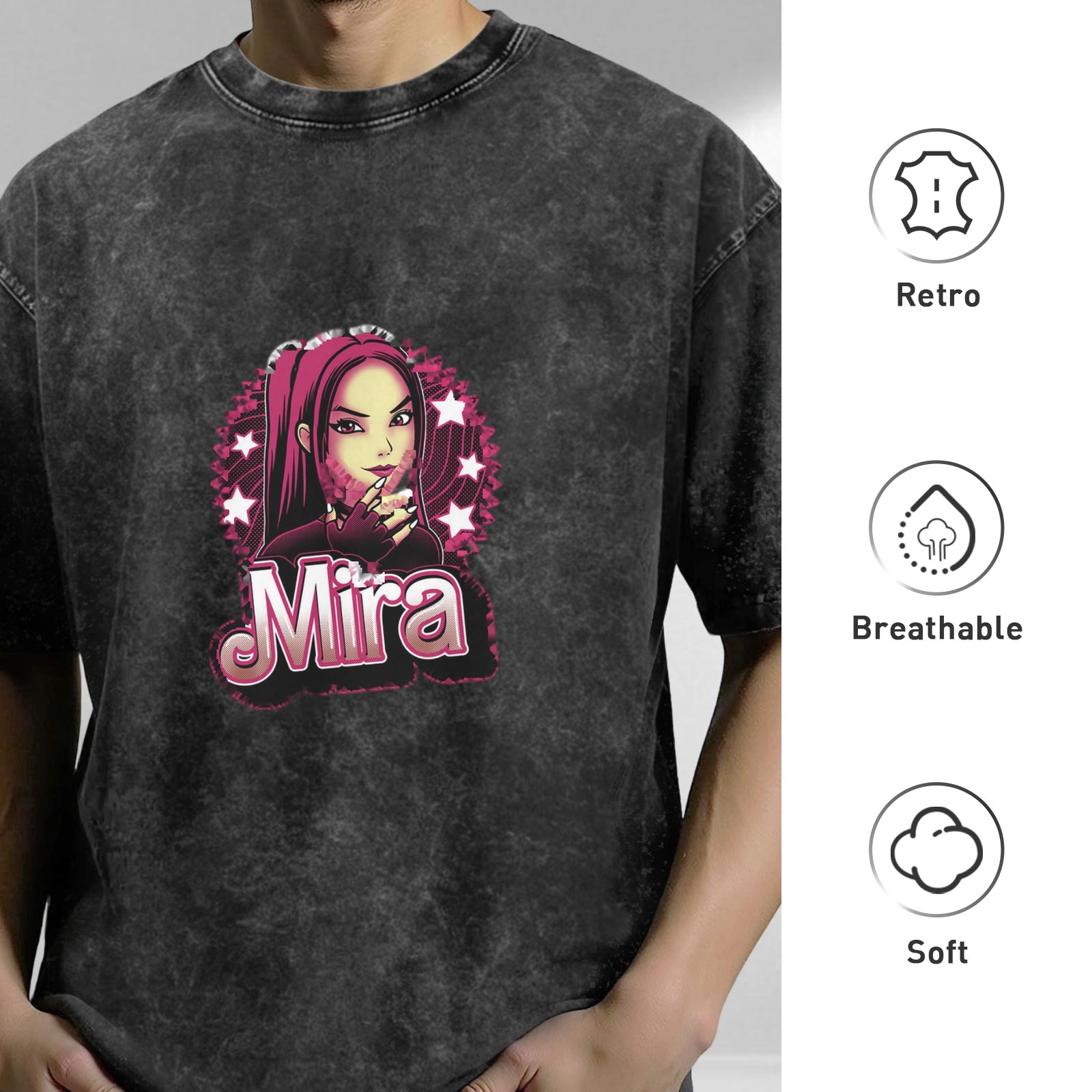 Washed Black Graphic T-Shirt with Mira Anime Girl Print