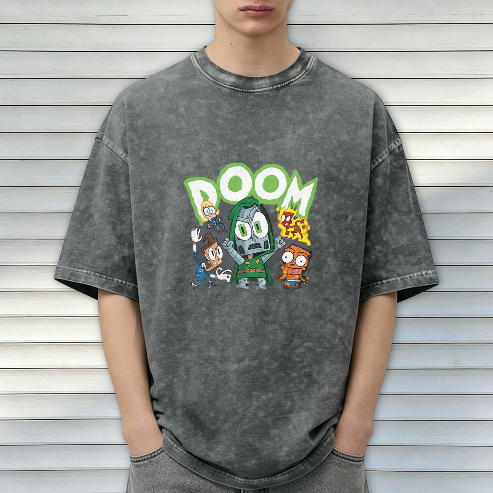 Washed Black T-Shirt With Chibi Doom And Fantastic Four Artwork