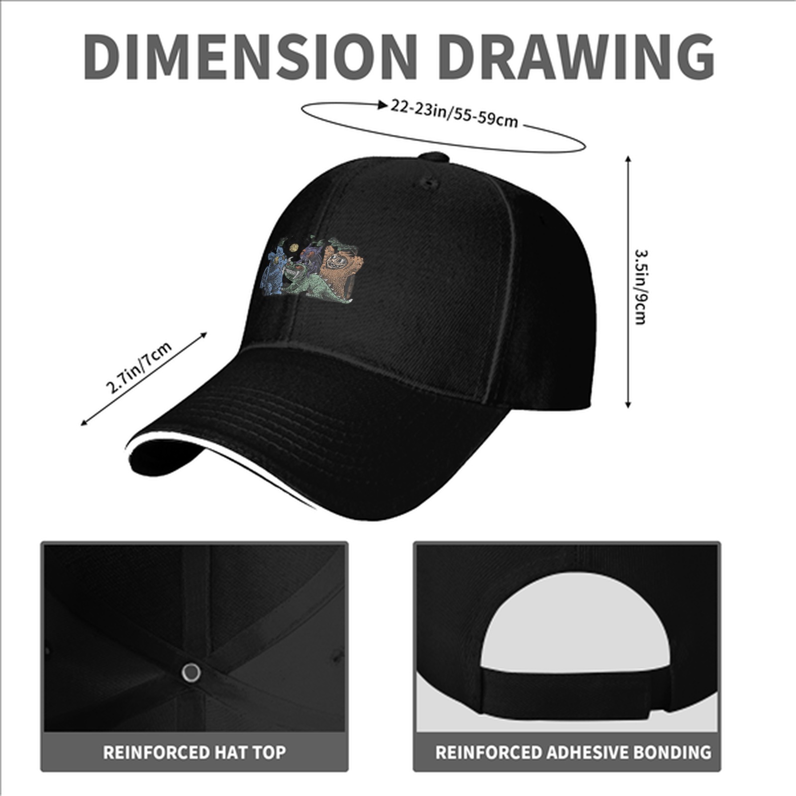 Black Baseball Cap with Fantasy Monster Creature Art Print