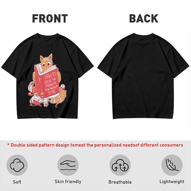 Olive T-Shirt With Ginger Cat Reading Self-Help Book Print