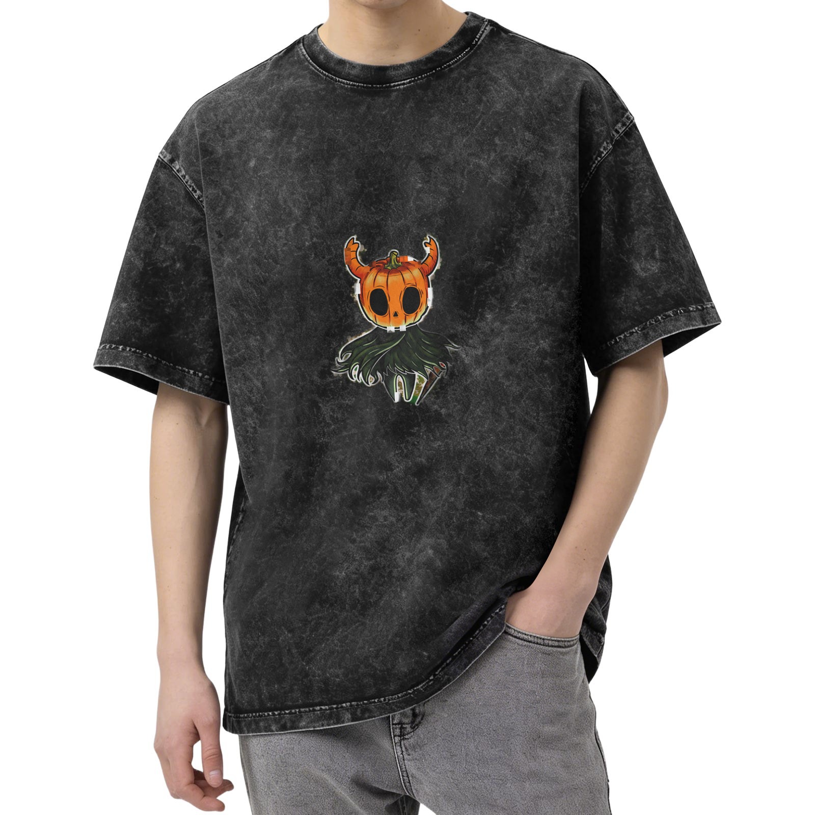 Oversized dark washed graphic t-shirt with pumpkin horned creature print