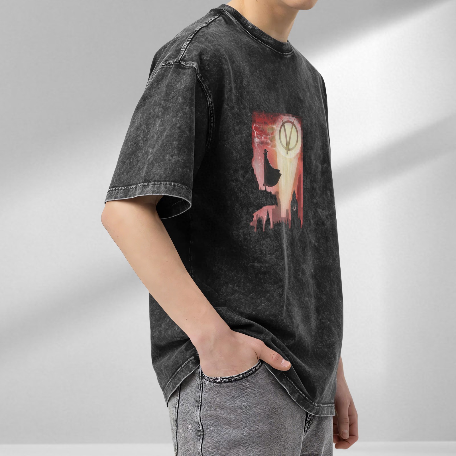 V for Vendetta themed graphic washed black short sleeve t-shirt
