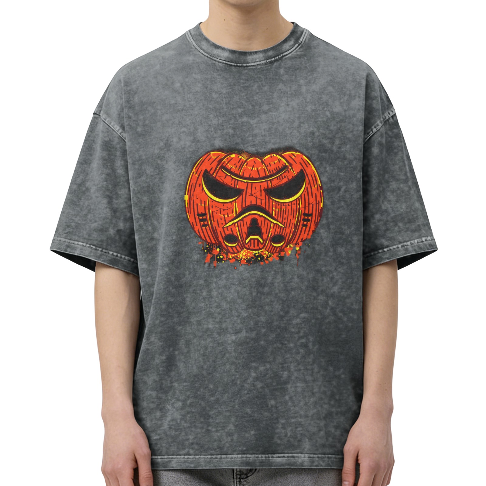 Oversized Dark Wash T-Shirt With Angry Pumpkin Jack-O'-Lantern Print