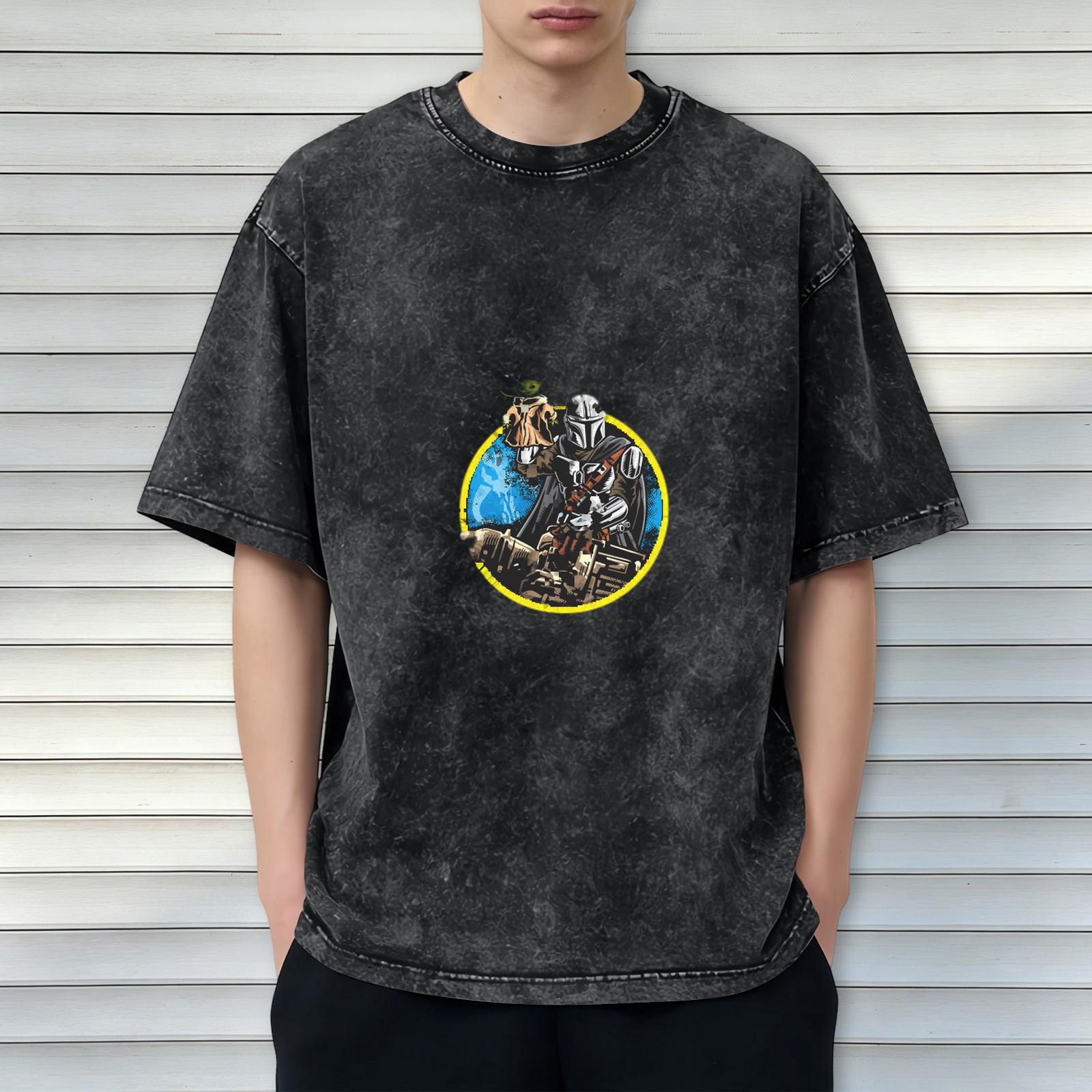 Washed Black T-Shirt With Mandalorian And Child Graphic