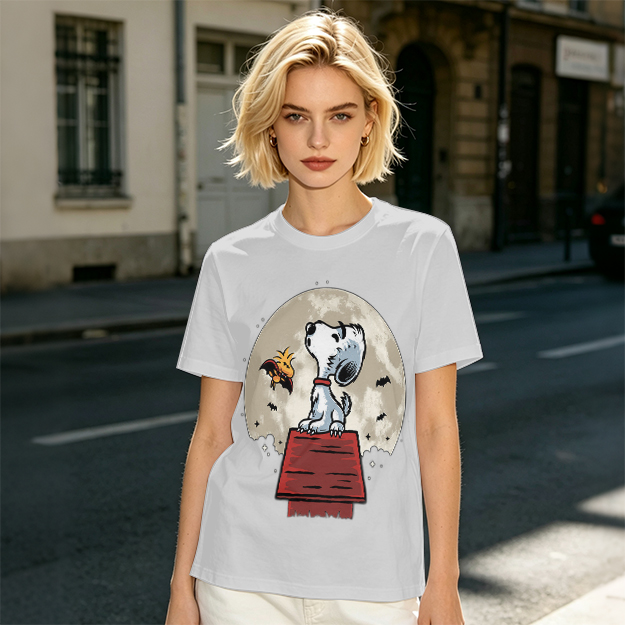 Snoopy and Woodstock on Doghouse Under Full Moon T-Shirt