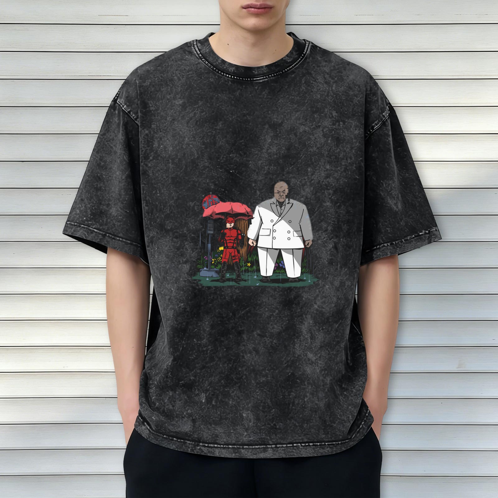 Washed black graphic t-shirt with Daredevil and Kingpin in rain
