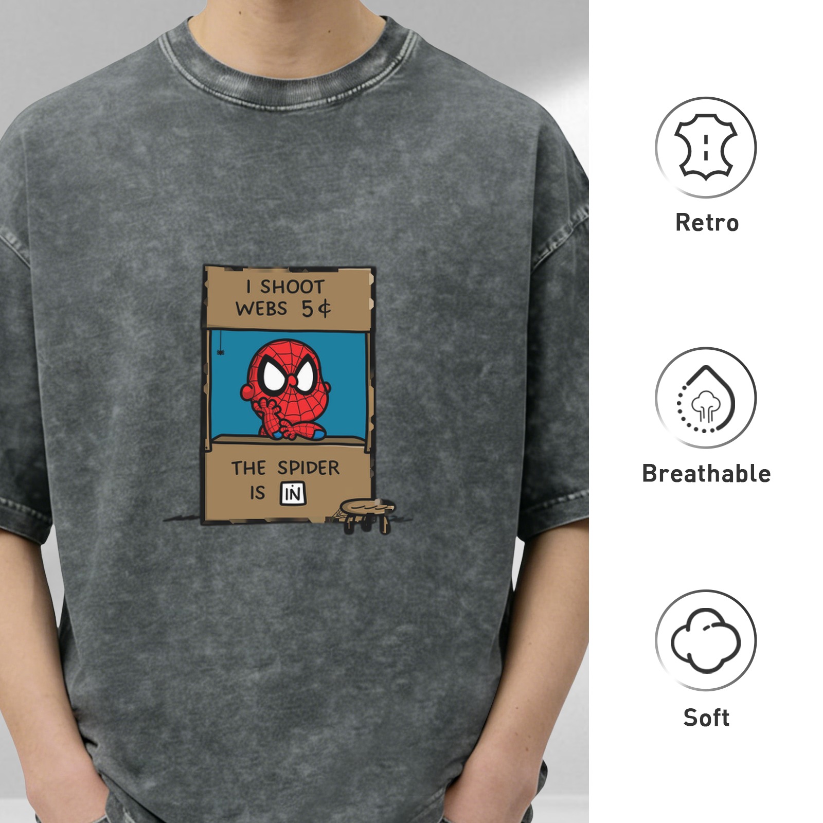 Washed Black T-Shirt with Cute Spider-Man 'I Shoot Webs 5¢' Print