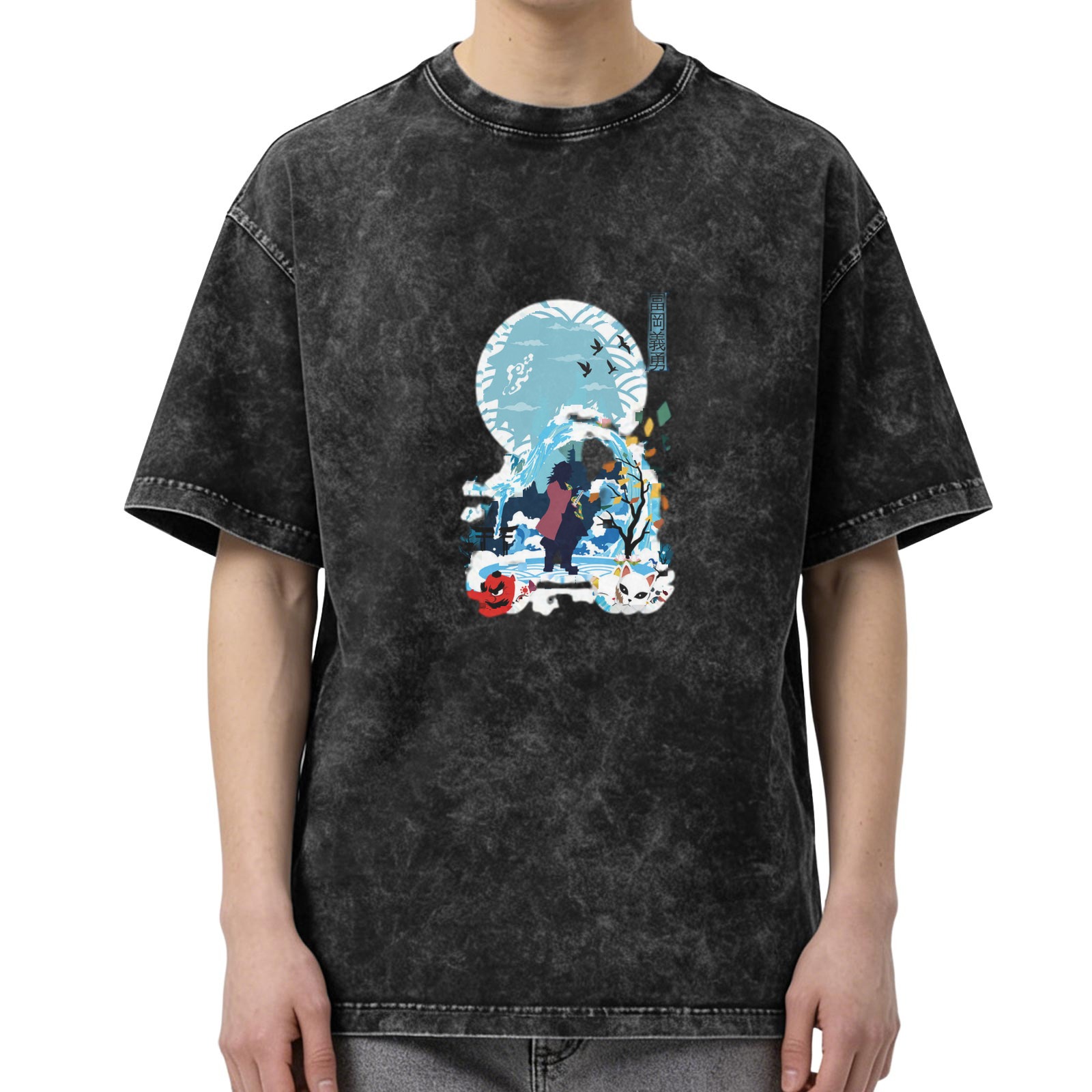 Washed Black Oversized T-Shirt With Anime Water Moon Graphic