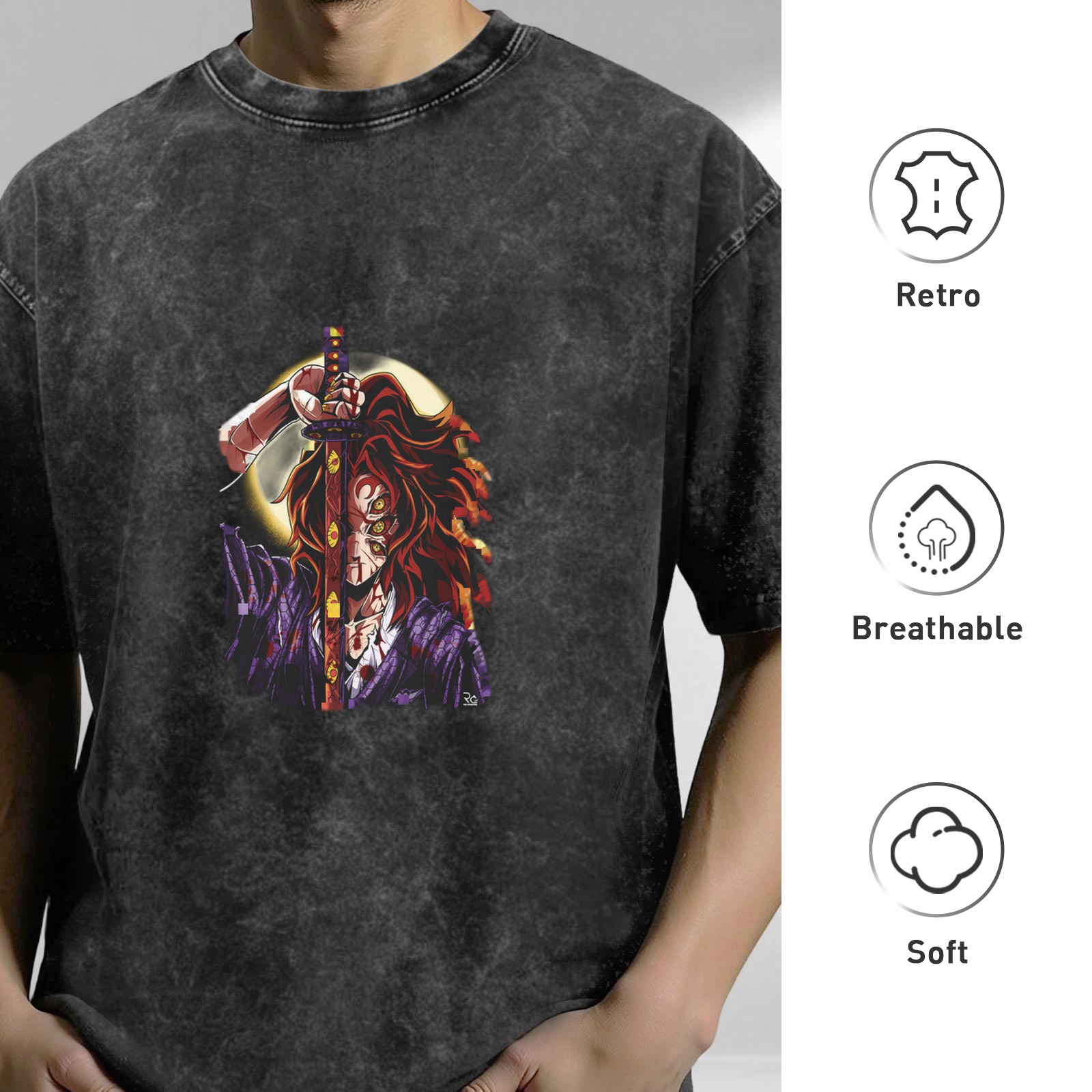 Anime Demon Slayer Character Graphic Stone Wash Oversized T-Shirt