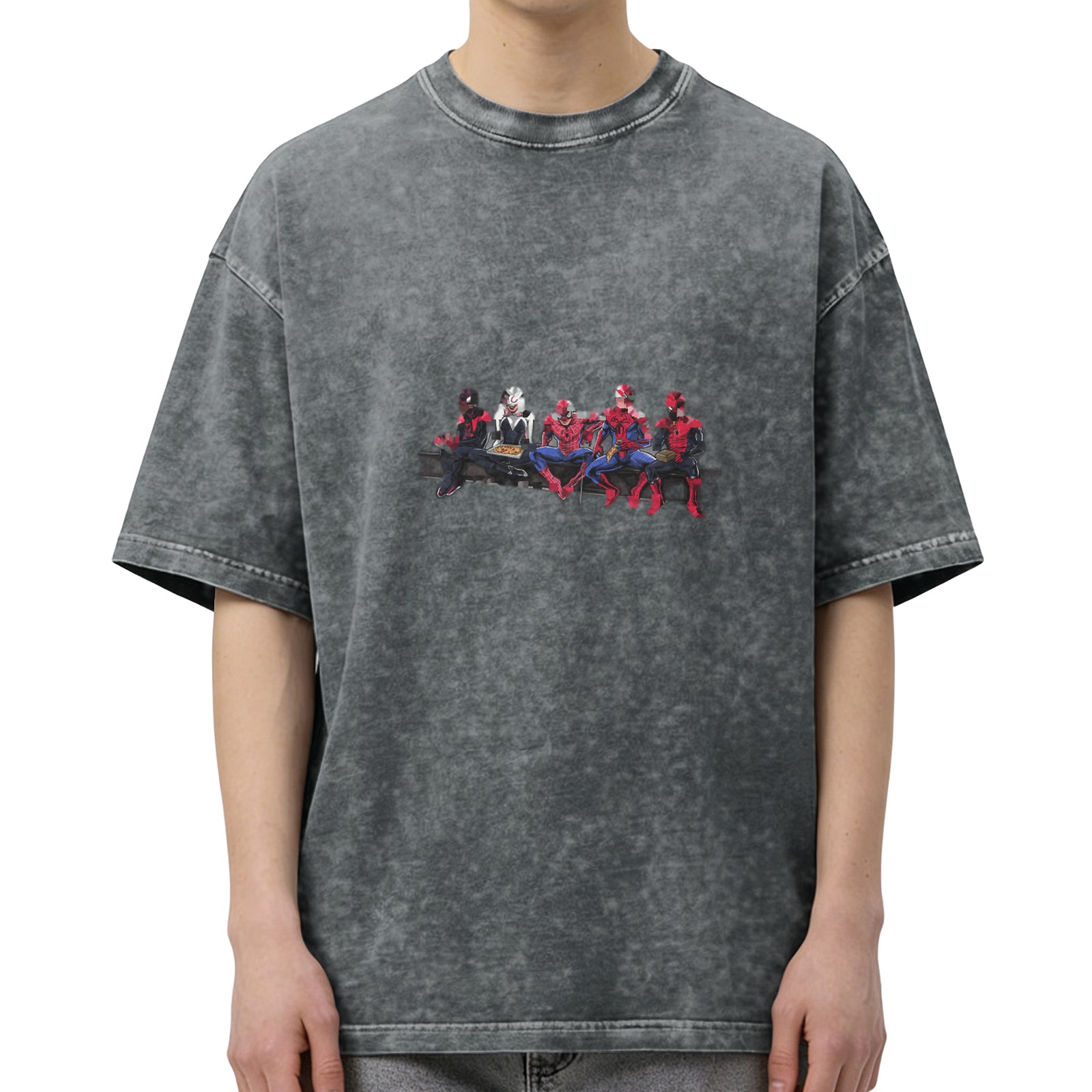 Washed distressed black Spider-Man themed printed short-sleeved T-shirt