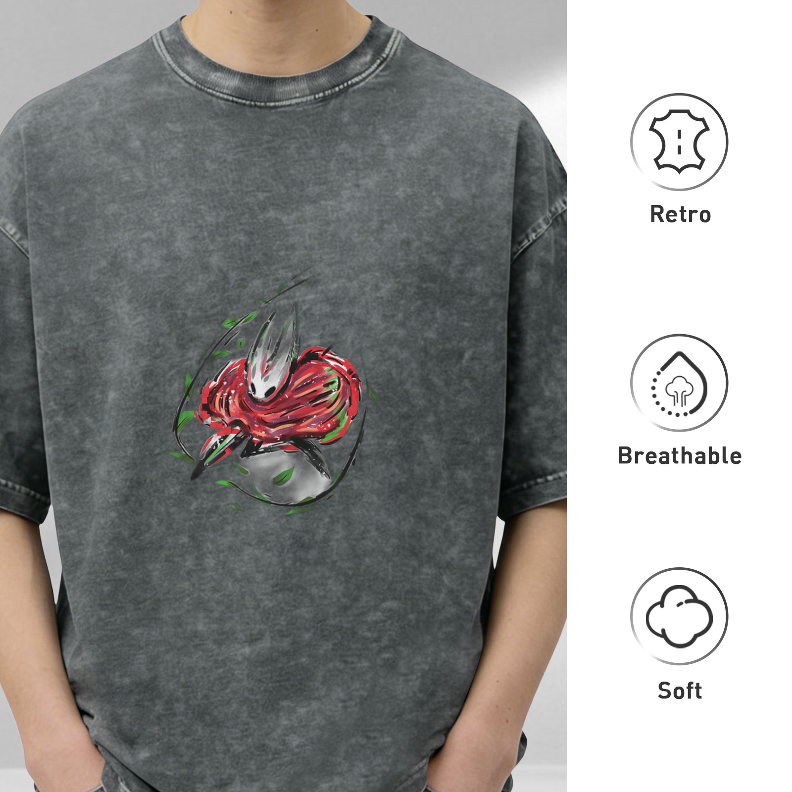 Washed black graphic t-shirt with stylized insect warrior art