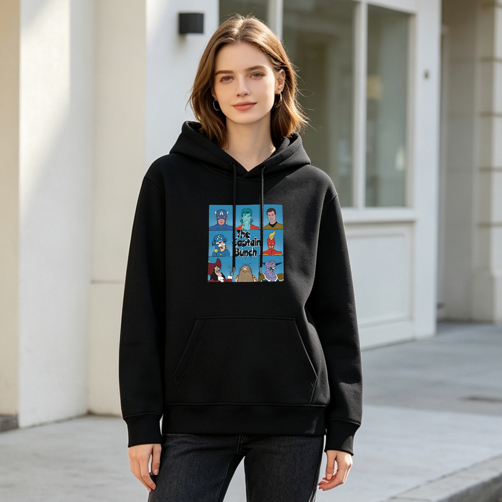 Black Hoodie With The Captain Bunch Superhero Character Print