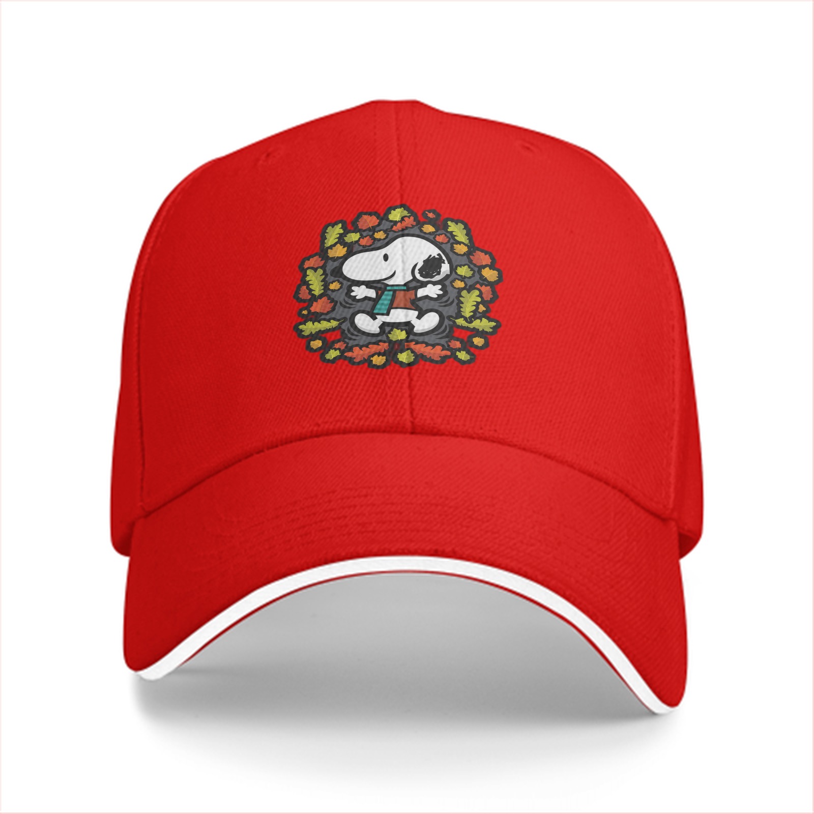 Black baseball cap with Snoopy playing in autumn leaves