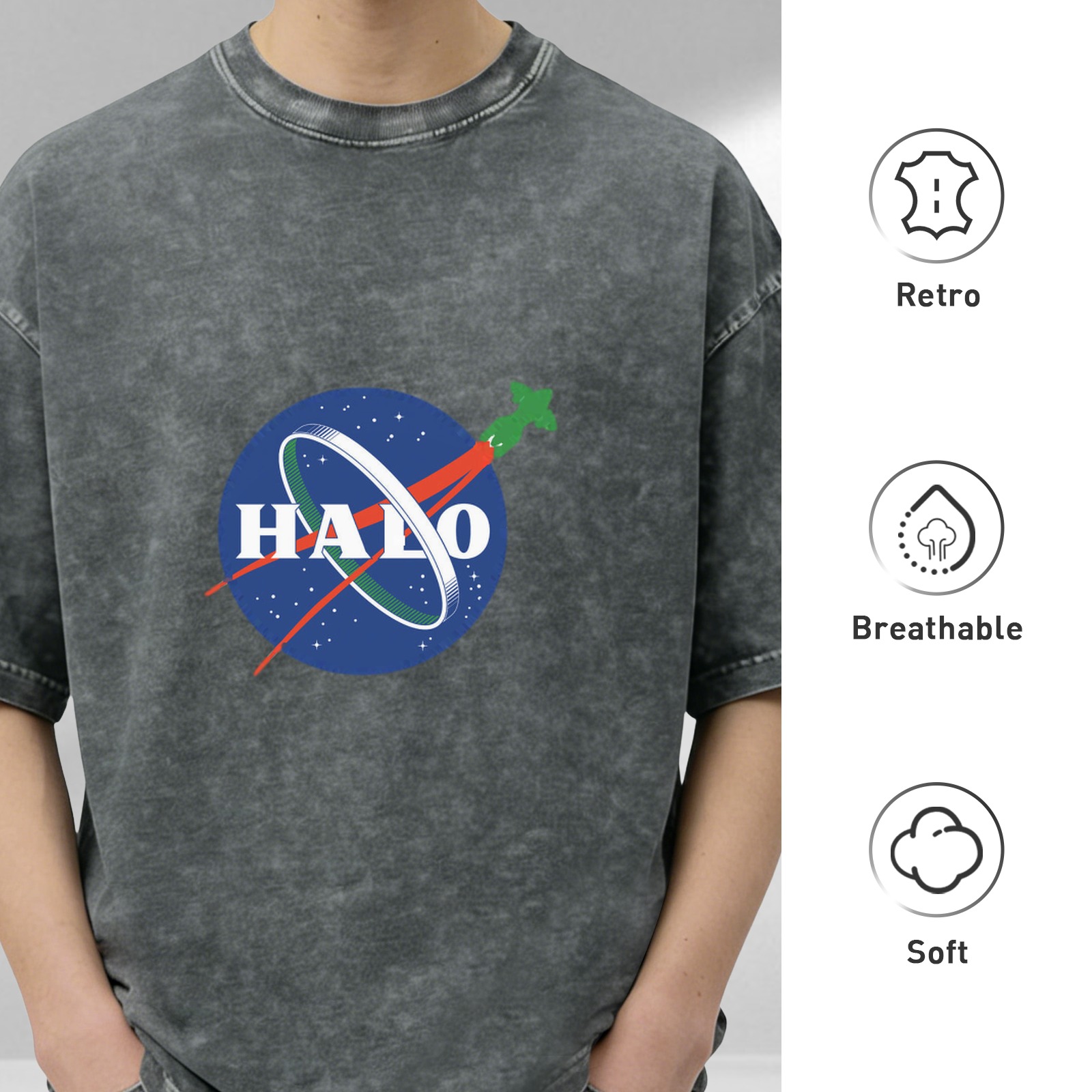 Oversized Acid Wash Black T-Shirt with NASA-style HALO Graphic Print