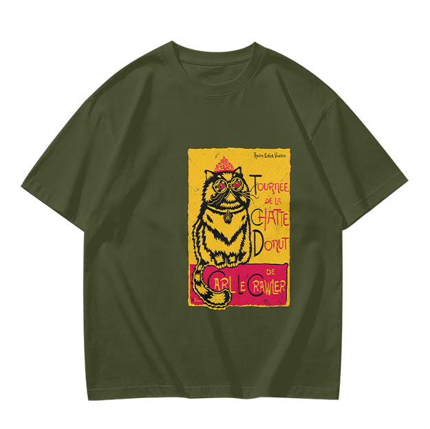 Olive T-shirt with a whimsical cat graphic print