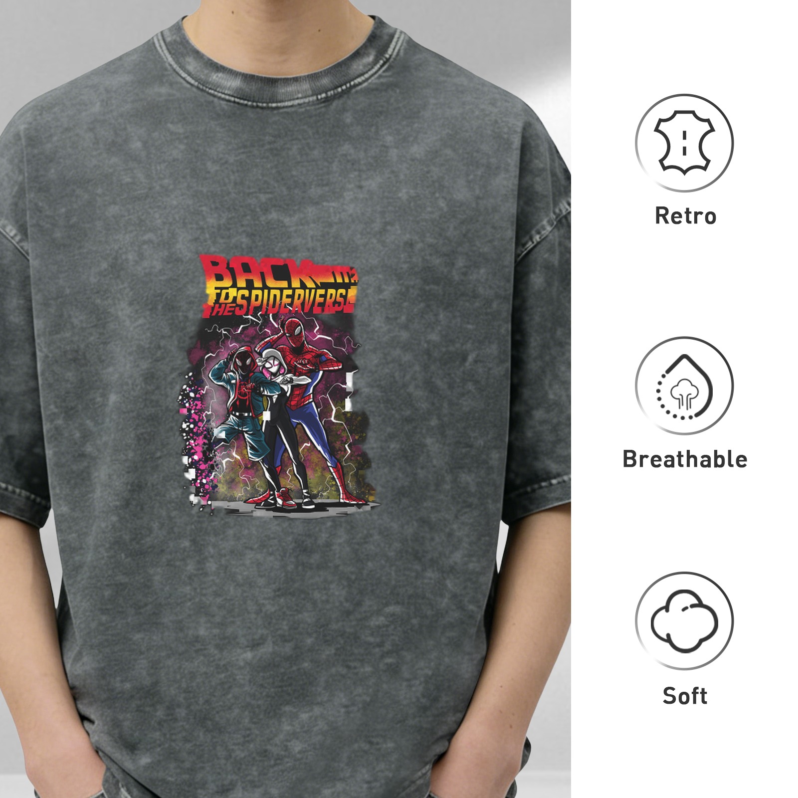 Distressed washed black short-sleeved T-shirt Spider-Man Parallel Universe themed print BACK TO THE SPIDERVERSE Loose casual top