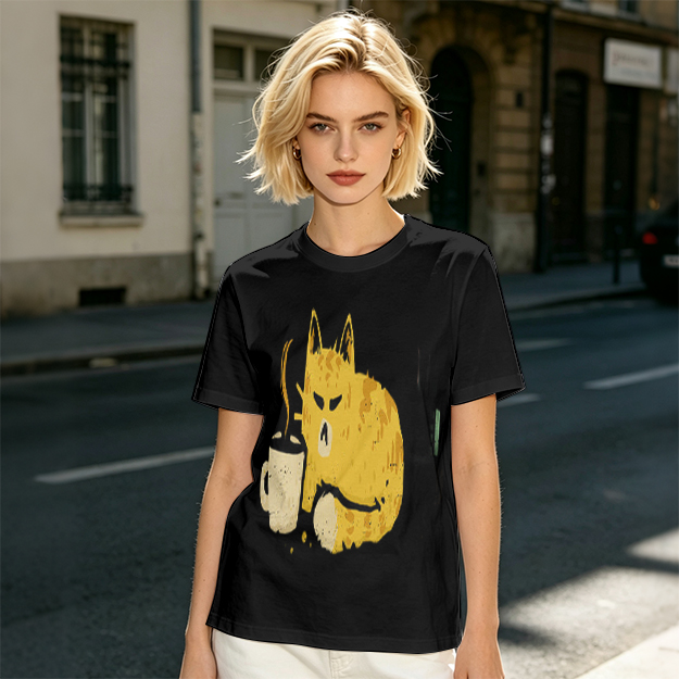 Olive T-Shirt With Grumpy Cat Holding Hot Coffee Print