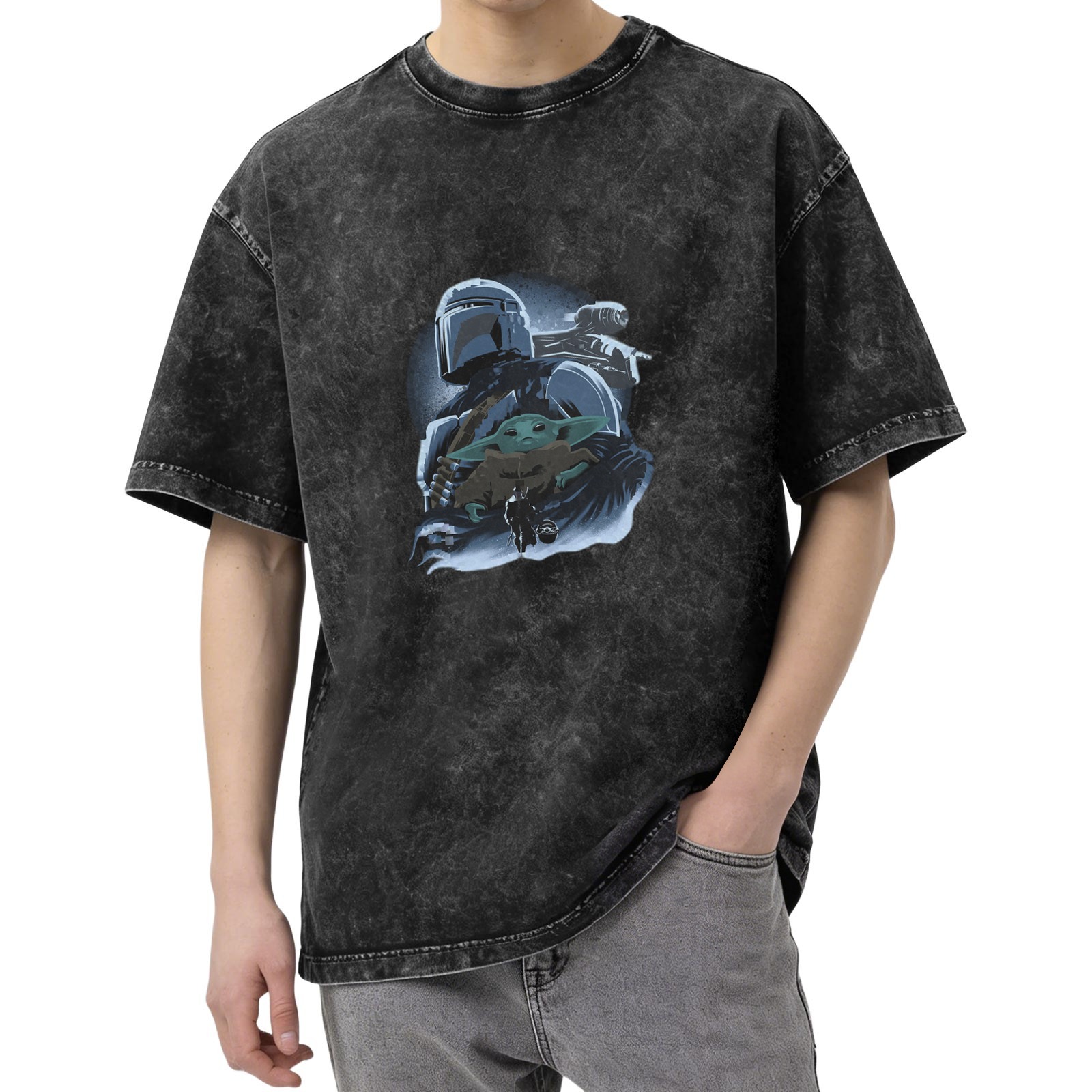 Washed Black T-Shirt Featuring Mandalorian and Child Grogu Art