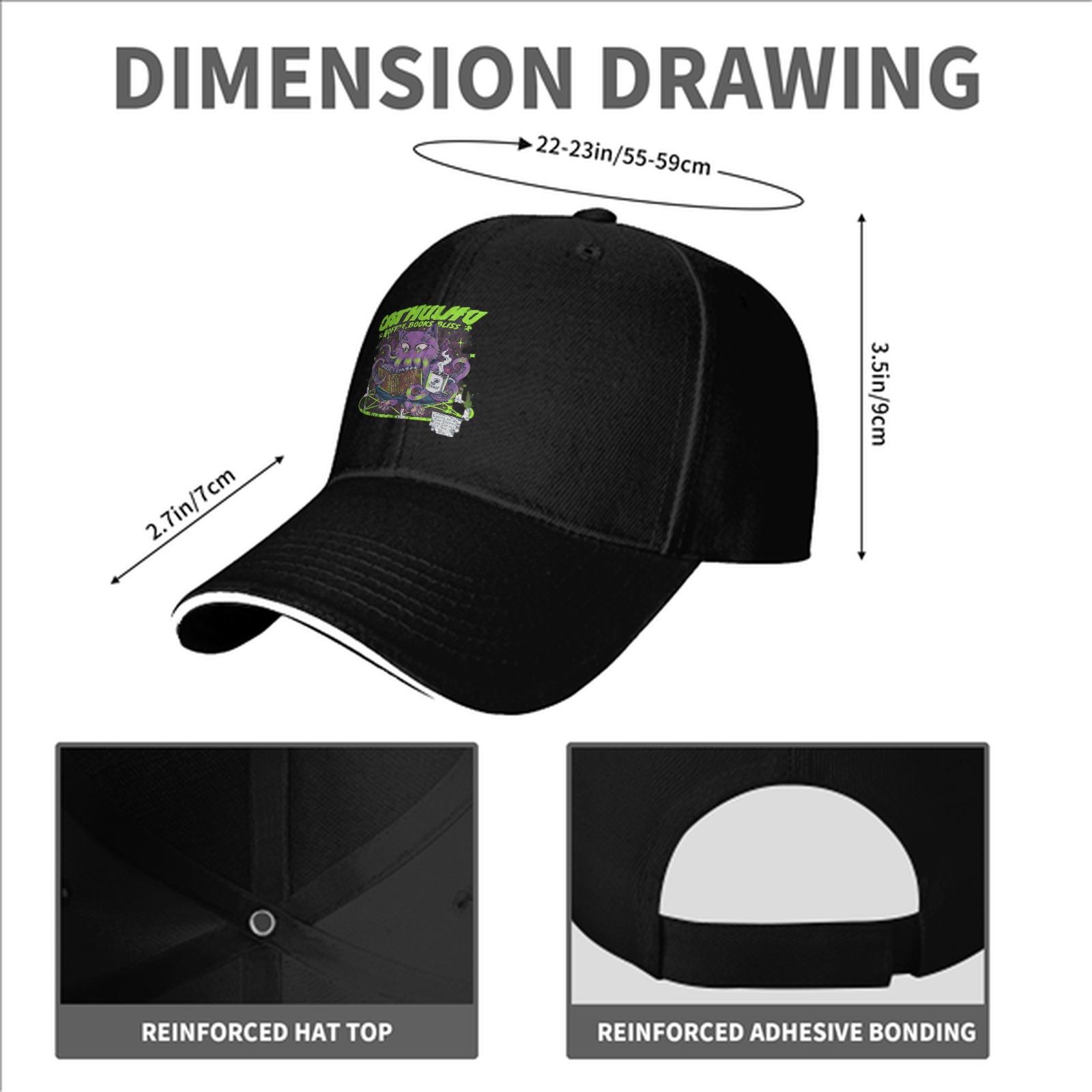 Black baseball cap with Cathulhu coffee and books graphic