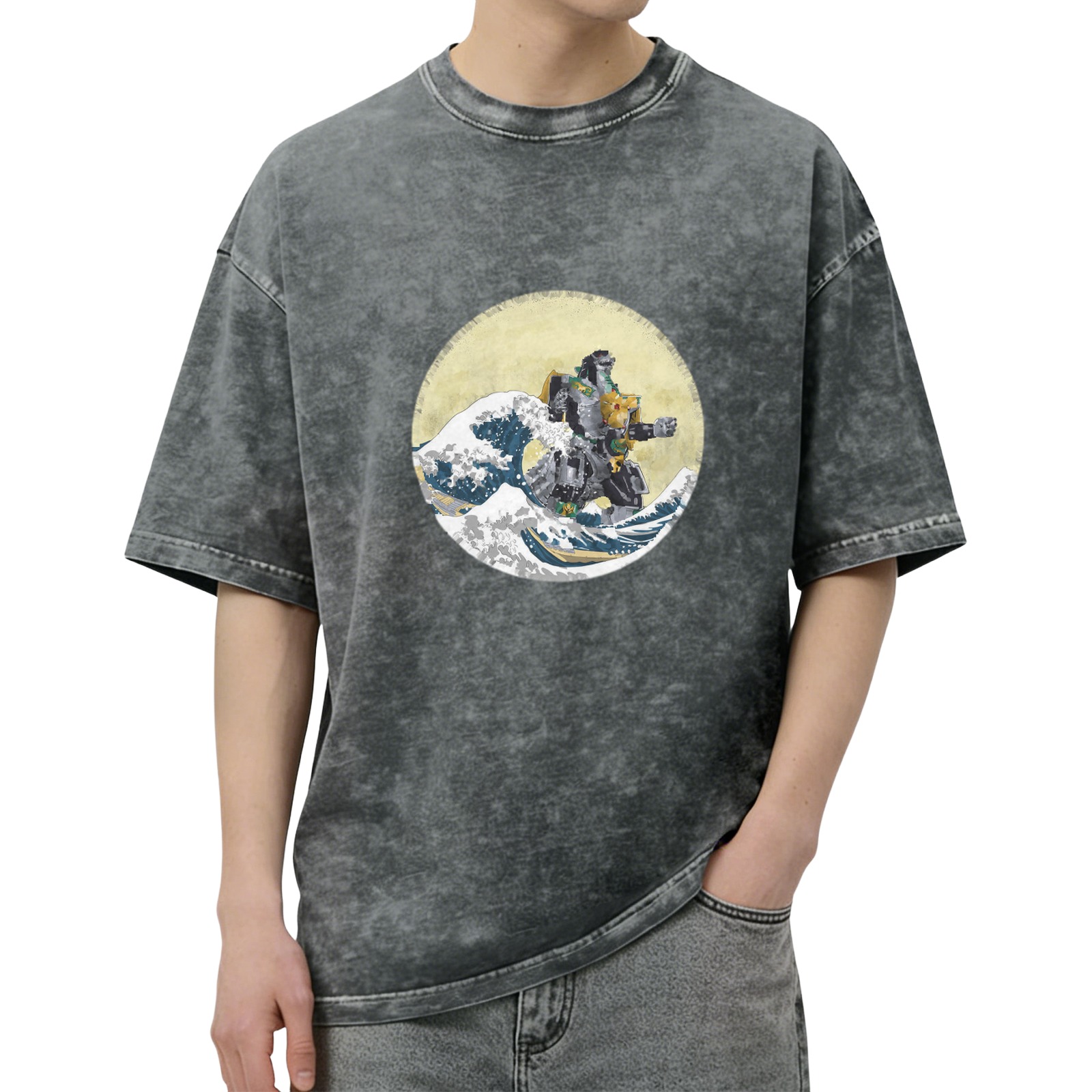 Oversized Acid Wash T-Shirt with Great Wave of Kanagawa x Mecha Robot Graphic Print