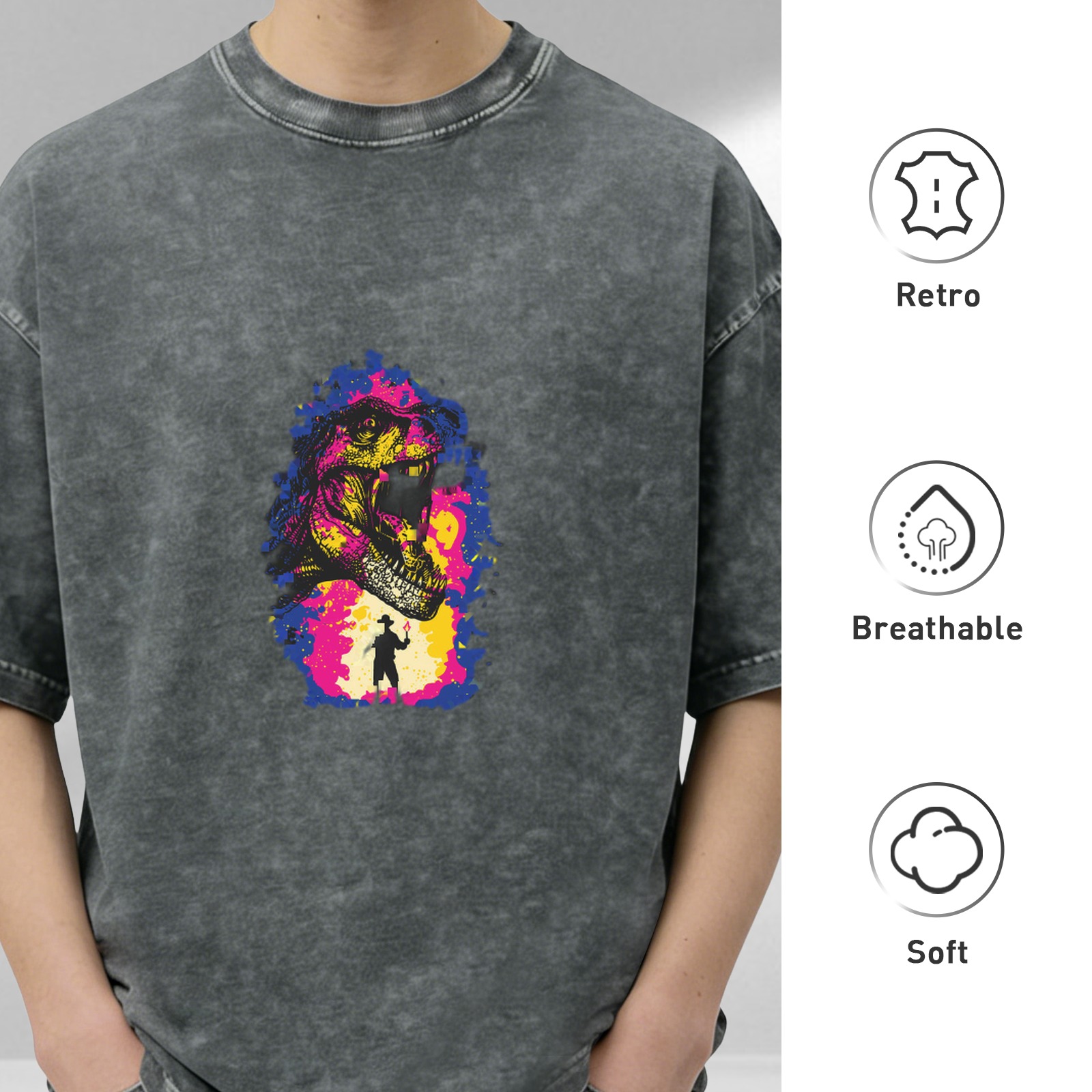 Washed Black Oversized T-Shirt with Dinosaur Cowboy Graphic