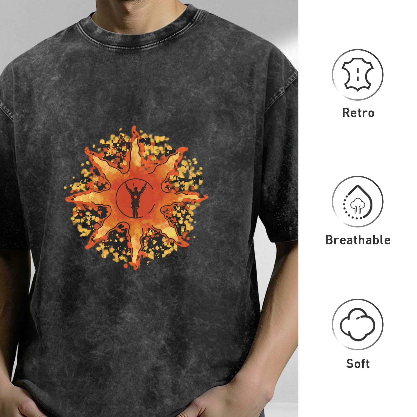 Washed Black T-Shirt With Sunburst Knight Graphic