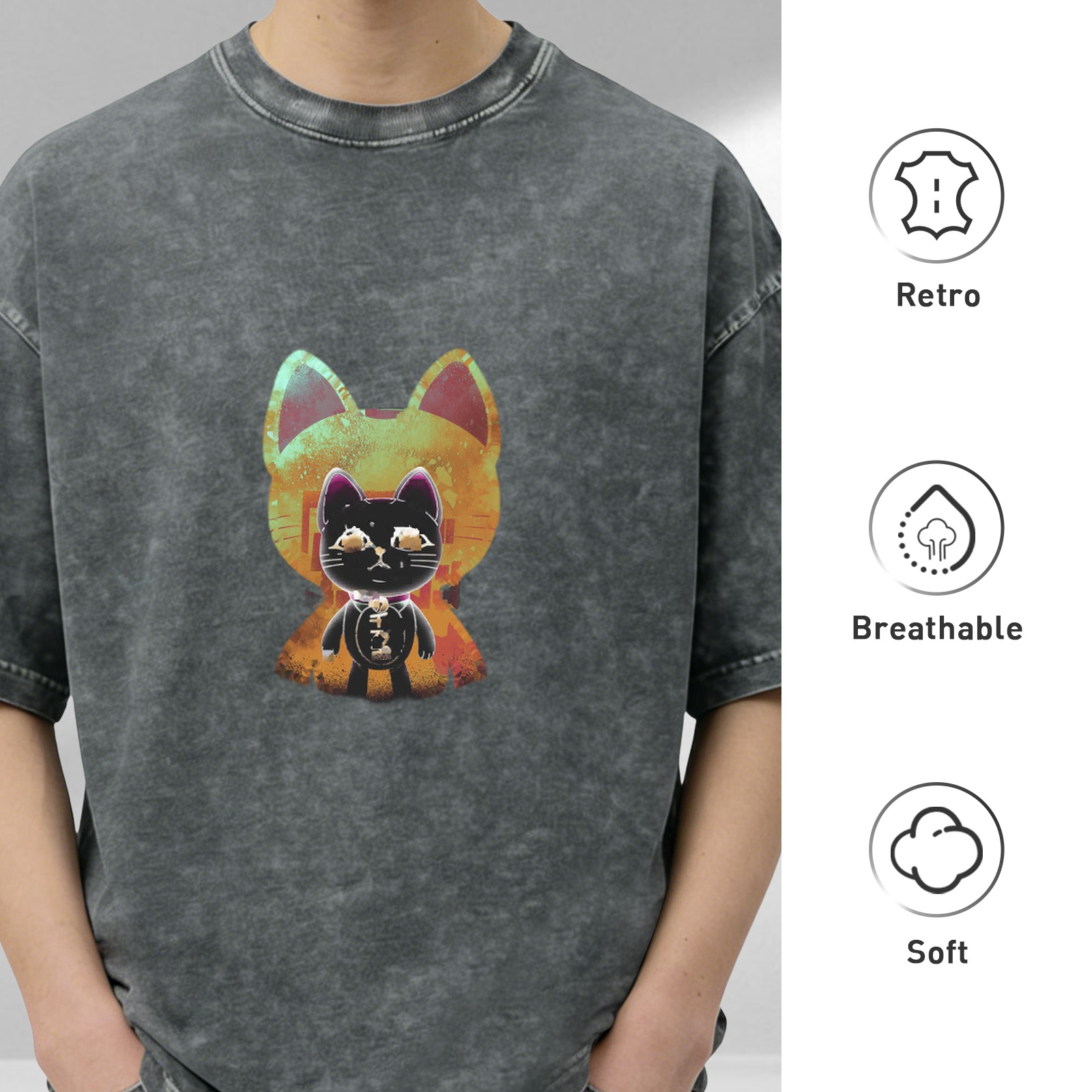 Washed Black T-Shirt With Stylized Cat Graphic Print