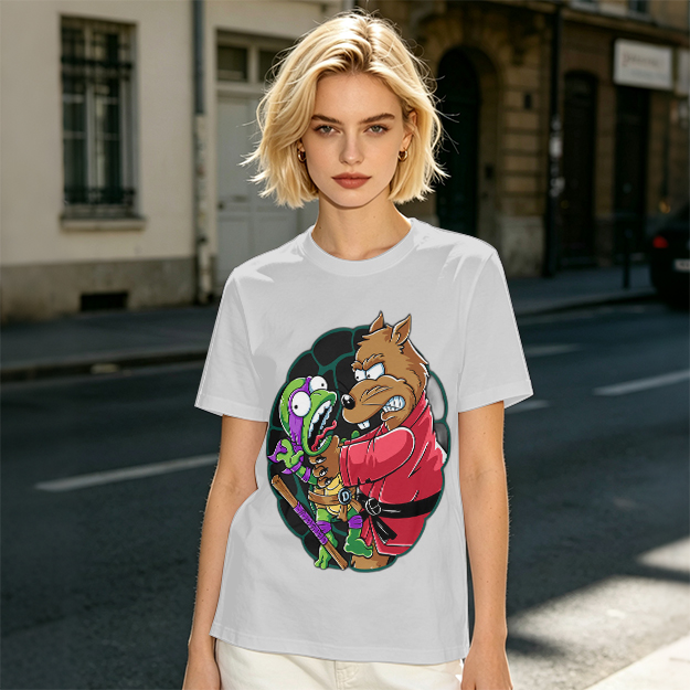 Olive T-shirt with Splinter Grabbing Donatello Ninja Turtle Art