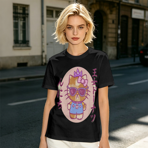 Olive T-Shirt with Cool Princess Cat Graphic Print
