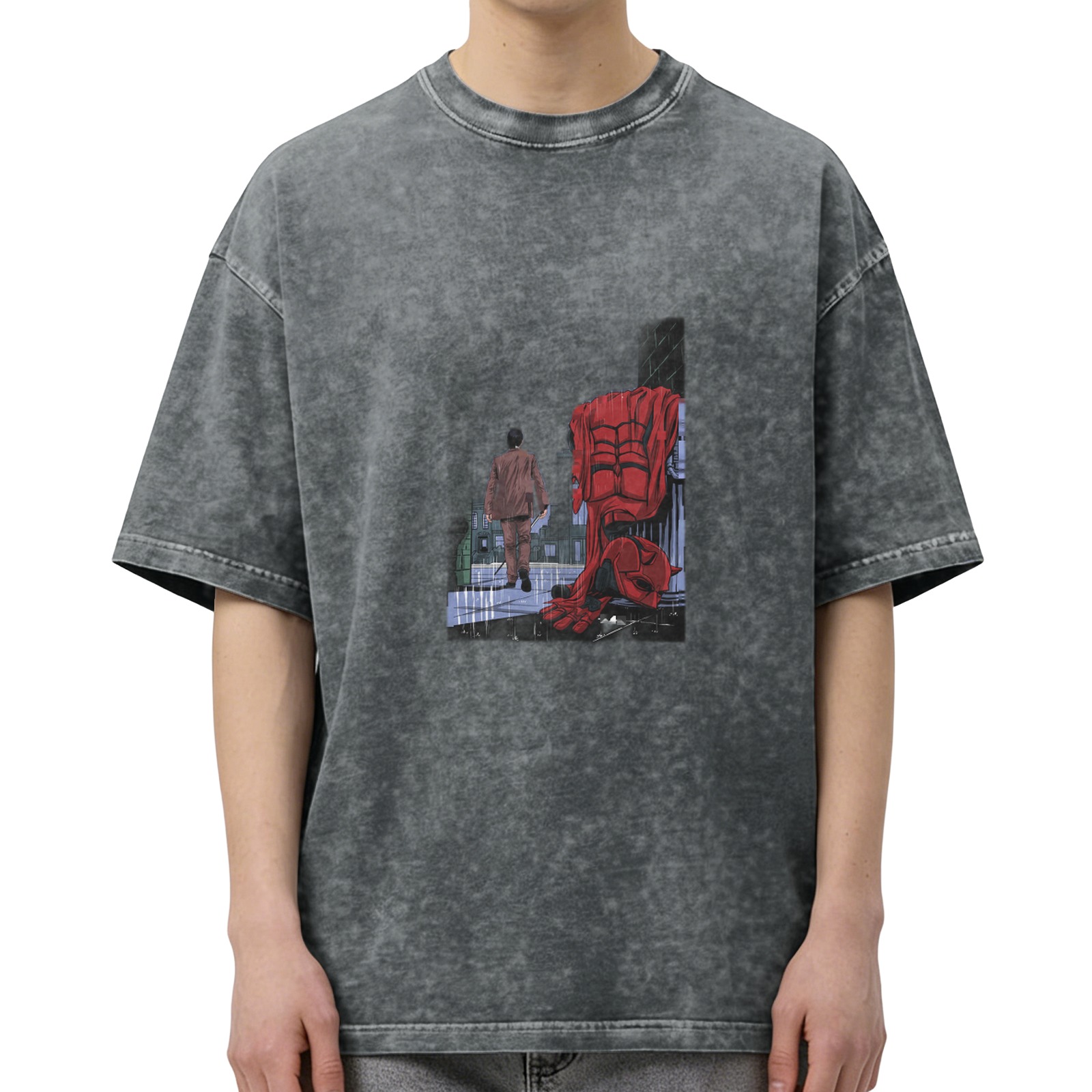 Washed Black Graphic Tee With Superhero And Figure Print