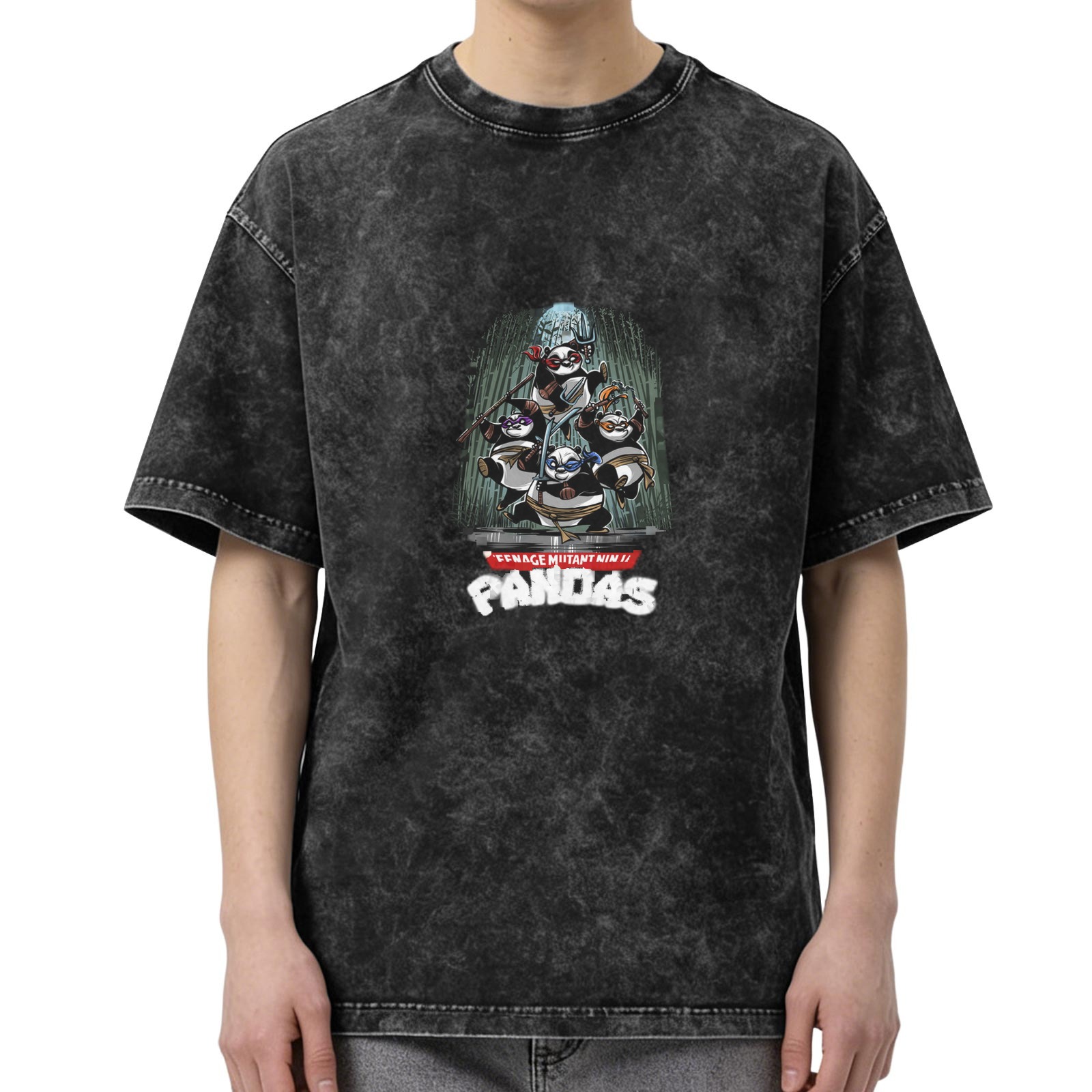 Oversized Washed Black T-Shirt with Teenage Mutant Ninja Pandas Graphic Print