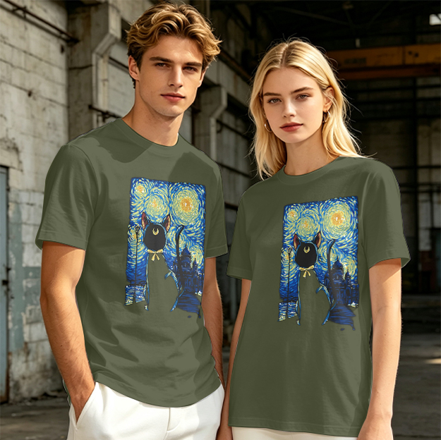 Olive T-Shirt with Starry Night Cat Art Print