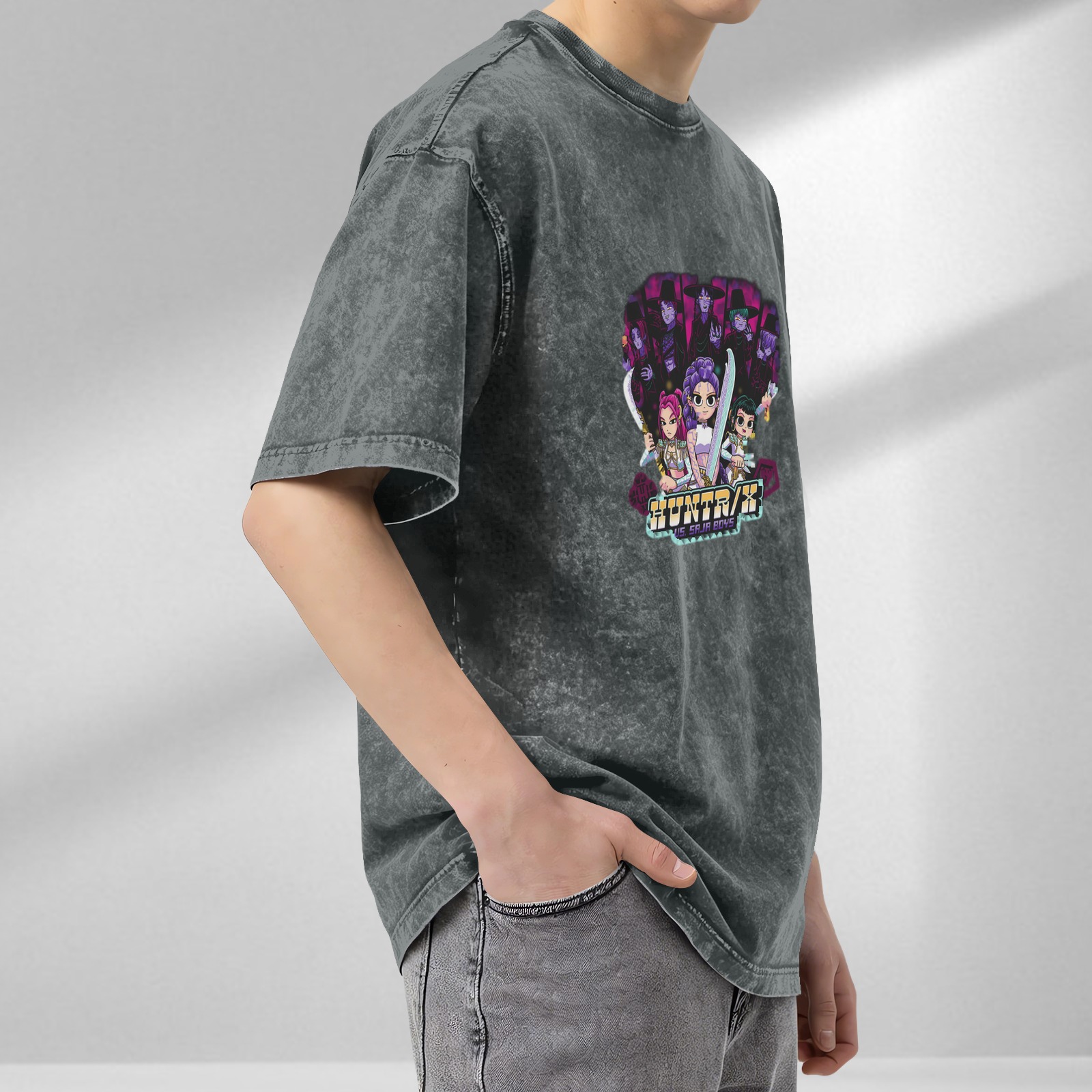 Distressed Black Cartoon Anime Print Short Sleeve T-Shirt