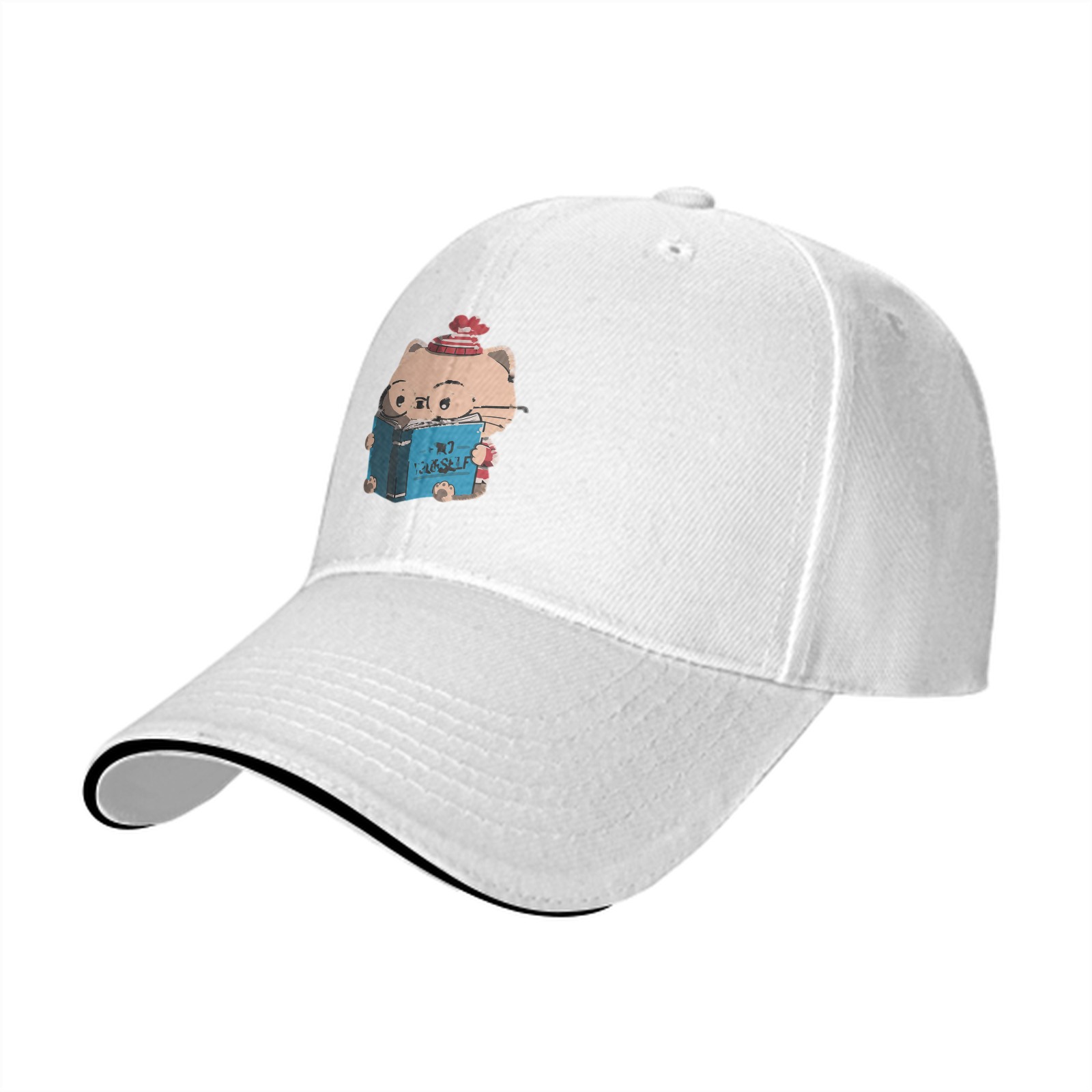 Black Baseball Cap With Cute Reading Cat Graphic