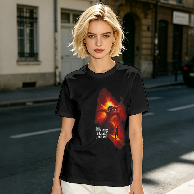 Olive T-Shirt with 'None Shall Pass' Fire Demon Graphic